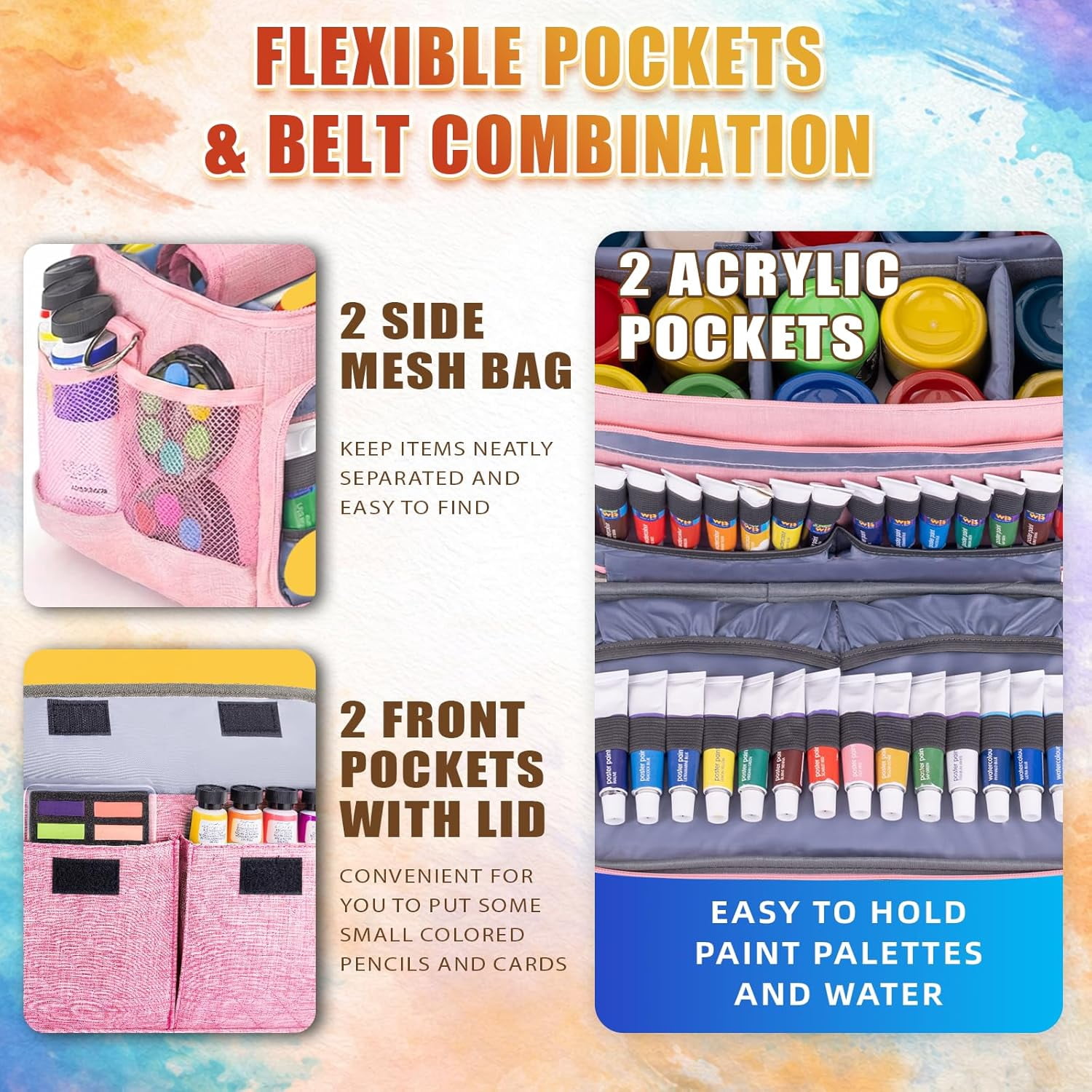 LAVFOX Adjustable Paint Storage Bag, Portable Art Supplies Organizer Tote with 12 Brush Slots for Multi-Size Acrylic Bottles and Craft Accessories, Blush Pink