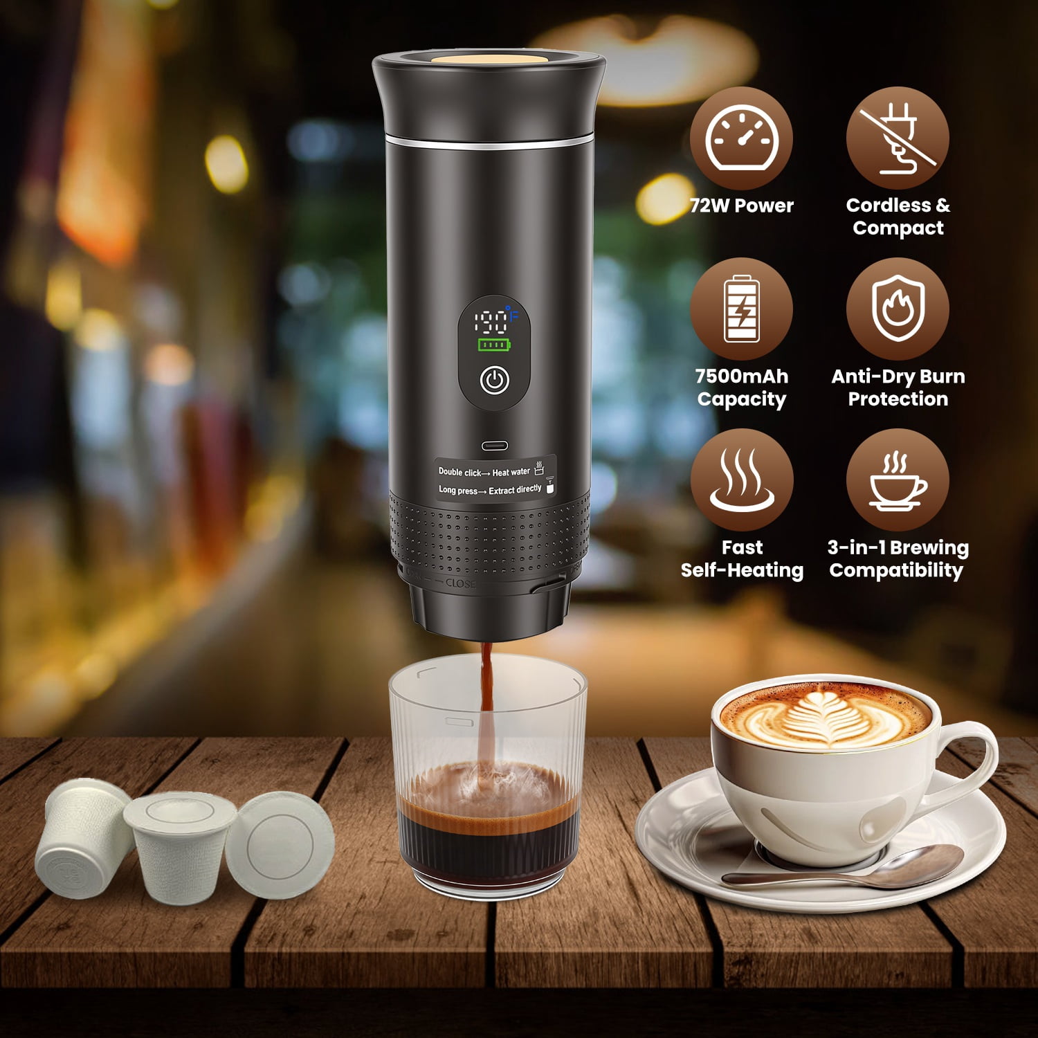 7500mAh Cordless Self-Heating 3-in-1 Portable Espresso Machine 20Bar Pressure Fast Heating Coffee Maker Anti-Dry Burn Fit Coffee & Capsules for Camping Hiking Home Office