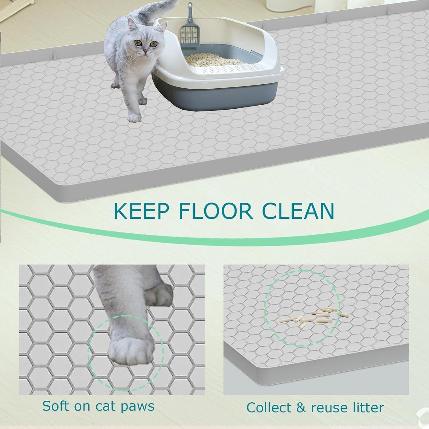 Litter Mat,  Large  Mat for Litter Box - 34x22 in,  & Non-Slip, Durable & Easy Clean, Light Grey