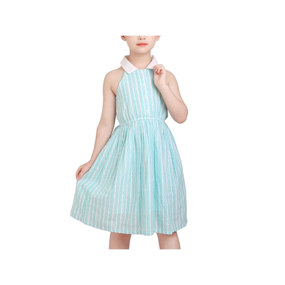 Girls Dress Halter Blue White Stripe Summer Cotton Sleeveless 6 Years