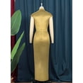 thumbnail image 6 of Women'S Satin High Slit Maxi Dress - Elegant Mock Neck Cap Sleeve Formal Attire Gold L, 6 of 8