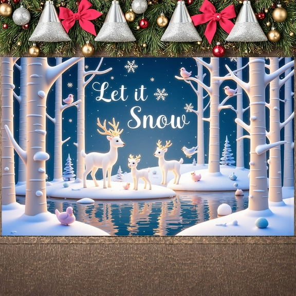 3D Paper Art Winter Forest Banner Blue White Color Deer Display Deer Pattern Snowflake Decor Snowy Backdrop for Winter Party Christmas Decoration Indoor Event