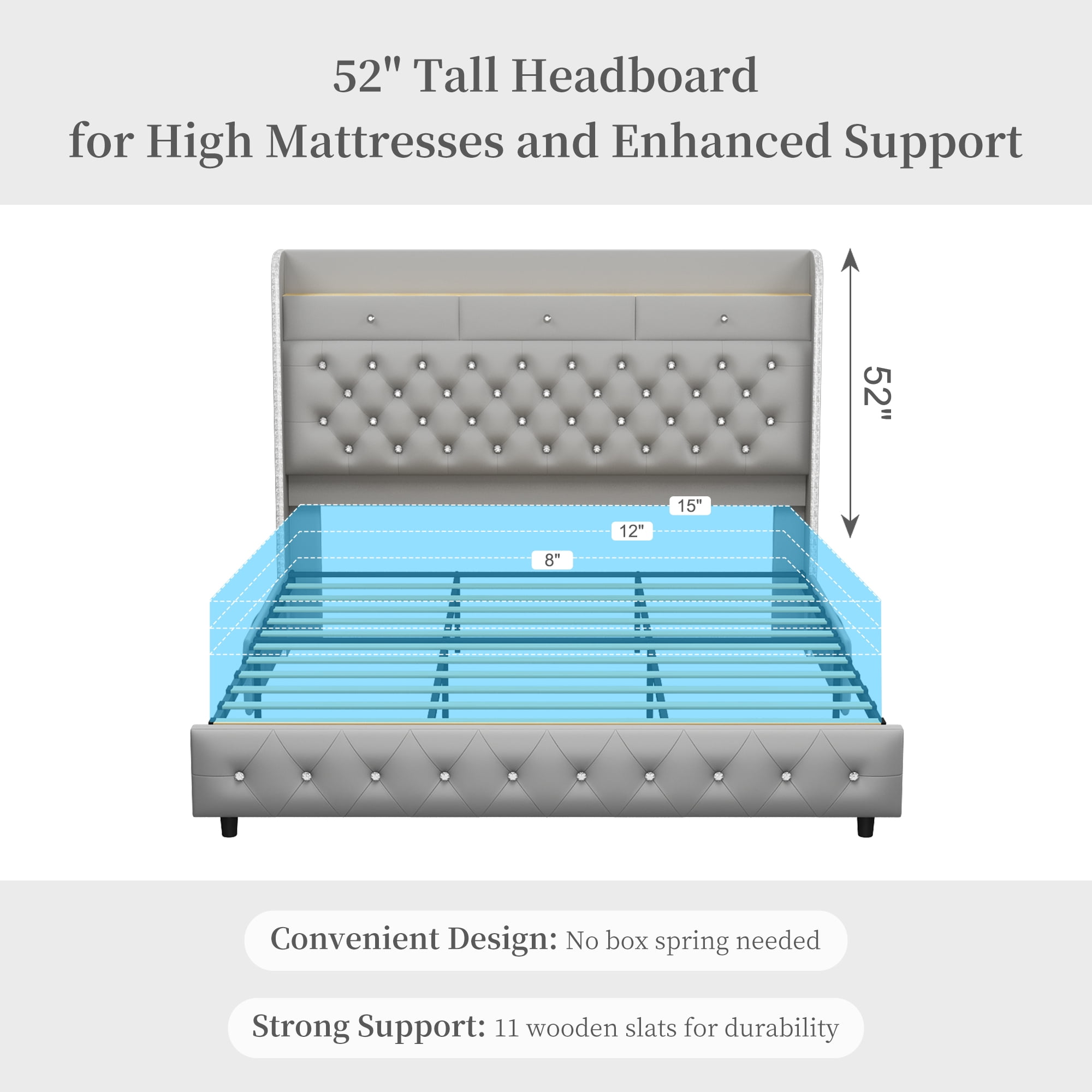 SIBEDS King LED Bed Frame with Galaxy Projector, Charging Station, 52" Headboard & 2 Drawers, Grey