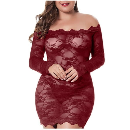 

DNDKILG Womens Teddy Eyelash Lace Lingerie Nightgown Long Sleeve Chemise Off the Shoulder Sexy Babydoll Wine 5XL