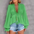 thumbnail image 2 of Ltctricy Peplum Tops for Women Ruffle Long Sleeve Deep V Neck Lace Trim Tie Front Babydoll Shirts High Low Hem Tunic Blouses(Green,XX-Large), 2 of 7