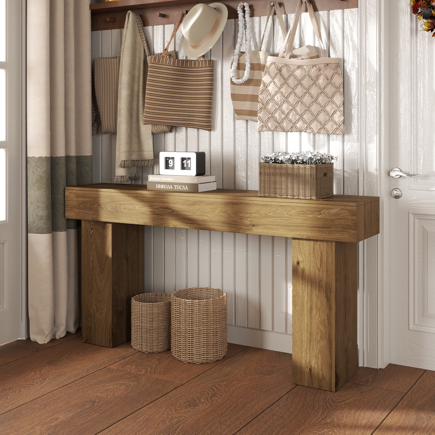 Doubleslee 63 Inch Long Console Table, Farmhouse Wood Entryway Table Behind Couch, Industrial Hallway Accent Table for Living Room（Natural)
