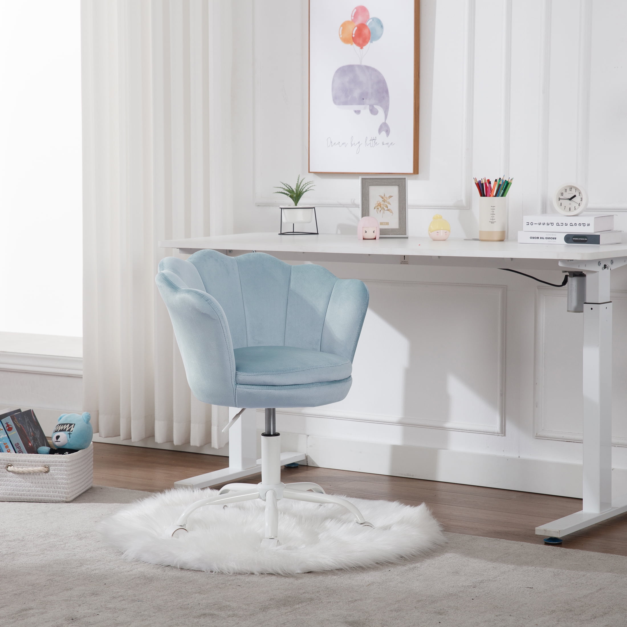 Guyou Kids Desk Chair, Velvet Rolling Swivel Children Chair, Adjustable Student Task Chair, Petal Type Backrest Vanity Chair for Bedroom Dormitory Children Gifts, Blue