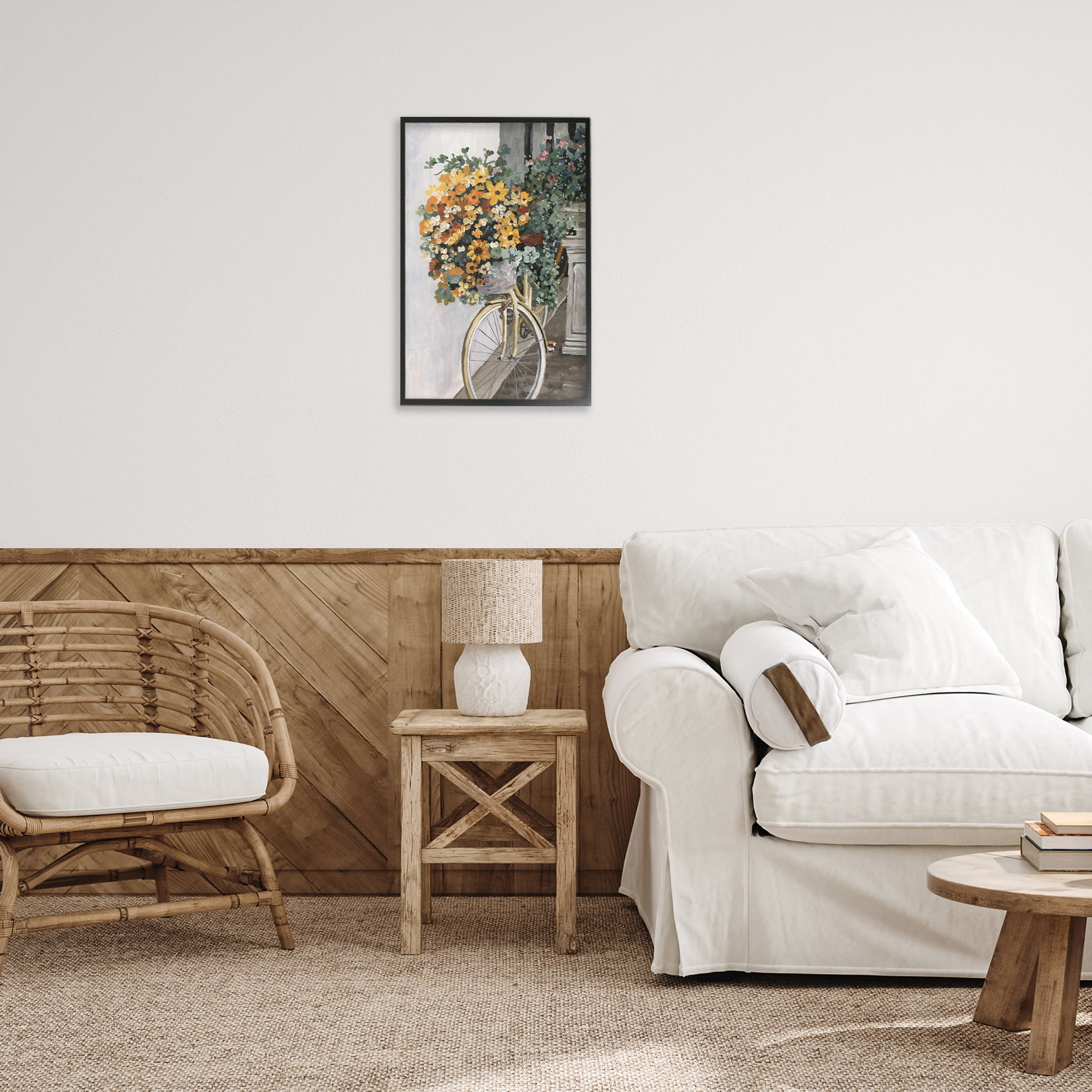 Stupell Industries Bouquet on Bicycle Botanical & Floral Painting Black Framed Art Print Wall Art, 16 x 24