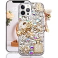 thumbnail image 2 of Compatible with iPhone 12 Pro Case Luxury Elegant 3D Bling Sparkly Crystal Diamond Perfume Bottle Pumpkin Car Iron Tower Pendant Handmade Pearl Flowers Soft Protective Case 6.1 inch Black, 2 of 5