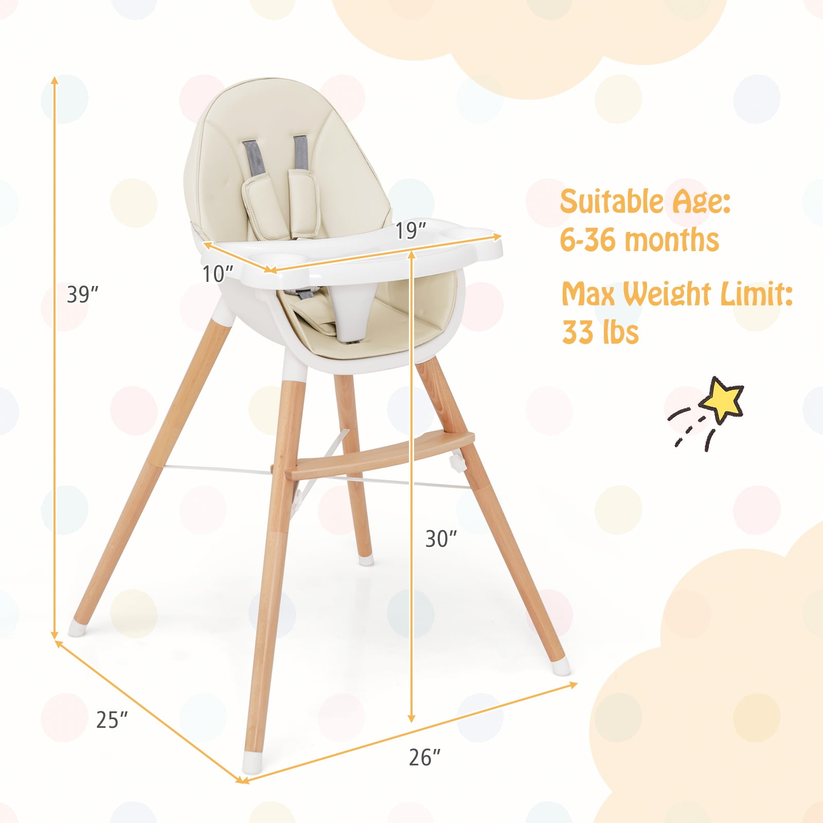 Infans Baby High Chair Wooden Feeding Chair w/ 4-Gear Tray & Removable Cushion Beige