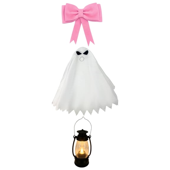 Porch Goose Halloween Outfit, 23in Ghost Goose Costume With Bow And Lantern For Porch Yard Garden Indoor Display And Halloween Party Layout Decoration,Pink