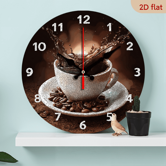 2D Flat 1pc 10Inch wooden wall clock with crackle print coffee and coffee cup design, silent quartz clock, suitable for living room, kitchen, dining room, office decoration