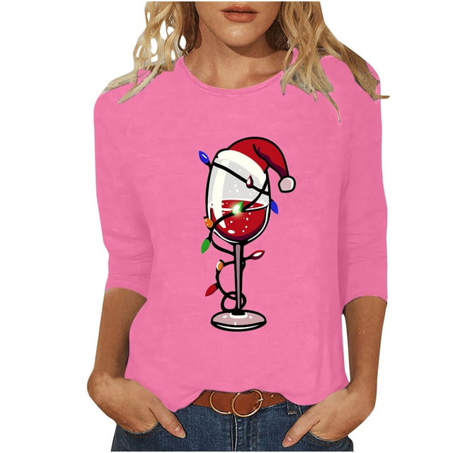 Pisexur T-Shirts de Noël pour Femmes Décontractés pour les Fêtes, Blouses Imprimées Verre de Vin Rouge, Col Rond, Manches 3/4, Chandails Mode d'Automne