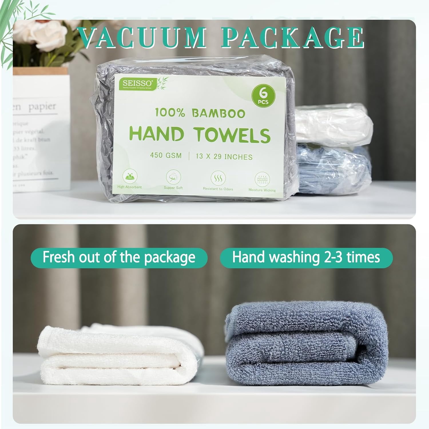 SEISSO Hand Towels 6 Pack,Soft Viscose Made from Bamboo Hand Towel, Highly Absorbent & Quick Drying Decorative Hand Towels for Bathroom, Multipurpose Use for Face,Spa,Salon Towels, 13x29 inches, Blue