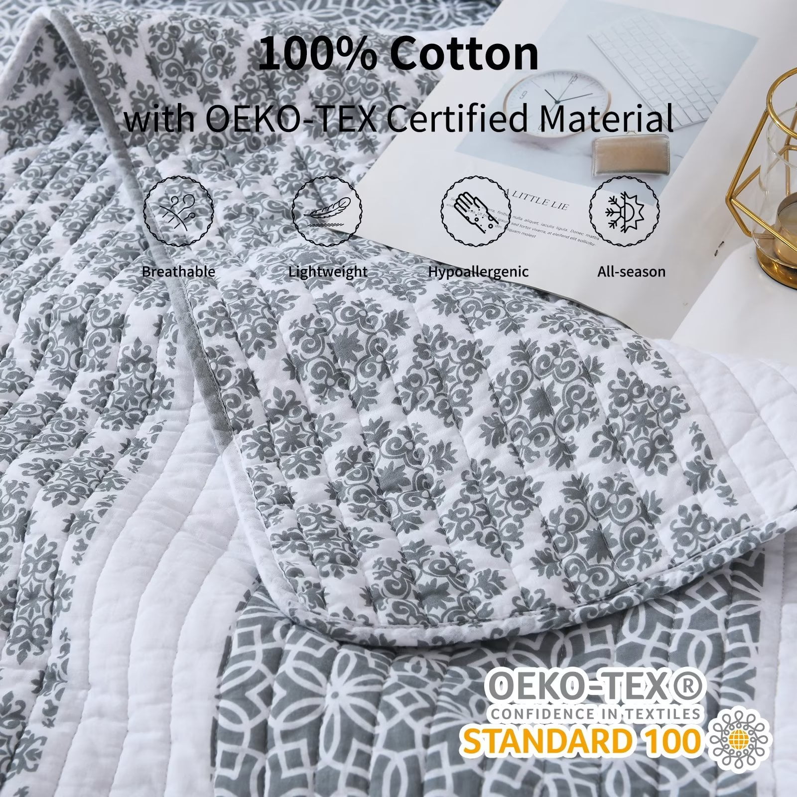 Bedduvit King Size Quilt Set - 100% Cotton Gray(Grey)/White Floal