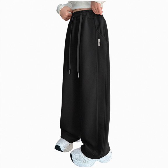NOLDARES Girls Baggy Sweatpants Wide Leg Drawstring Elastic Waist Sweat Pants Straight Trackpant Kids Y2K Cute Joggers(W102-Black)