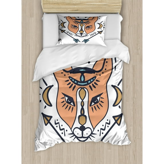 Fox Duvet Cover Set Twin Size, Boho Animal Head with Arrow Tribal Ornaments, Decorative 2 Piece Bedding Set with 1 Pillow Sham, Peach Camel Sea Blue Dark Blue Grey, by Ambesonne