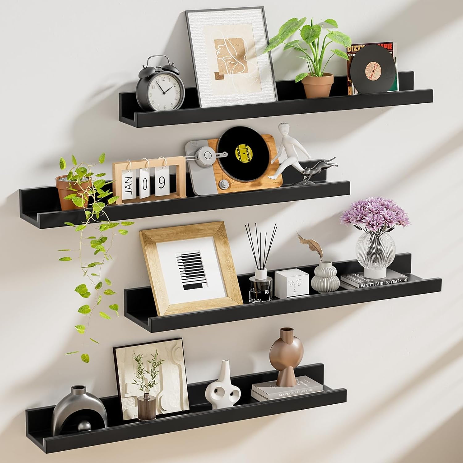 Floating Shelves for Wall Set 2 of 48 inches Picture Ledge Shelf 96 inches Totally,Solid Wood White Shelves for Room Wall to Display and Storage Photo Picture,Vinyl,Toy,Spice,Perfume,Book etc.