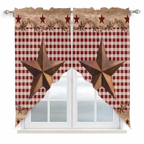 Western Texas Star Vintage Swag Curtains for Kitchen/Bedroom/Living Room, Rustic Wreath Wood Red Plaid Scalloped Curtains 63 Inch Long, Window Swag Topper Curtains Valances 2 Panels Set 36"x63"