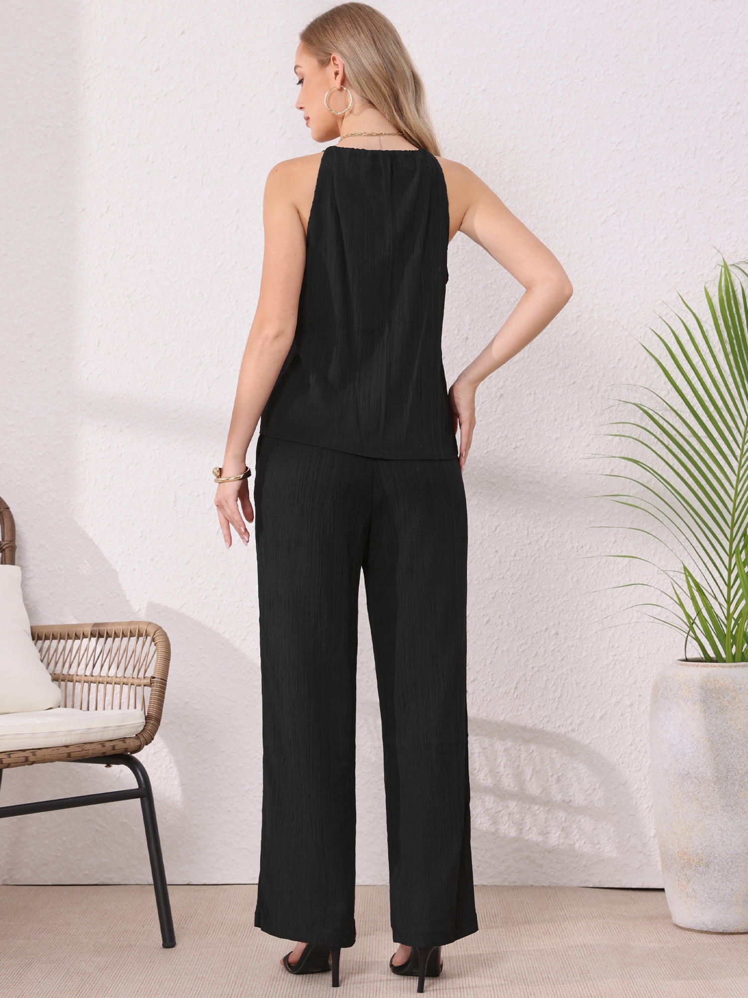 DARING DIVA 2Pcs Women's Sleeveless Tie Front Top Wide Leg Pant Lounge Set M Black