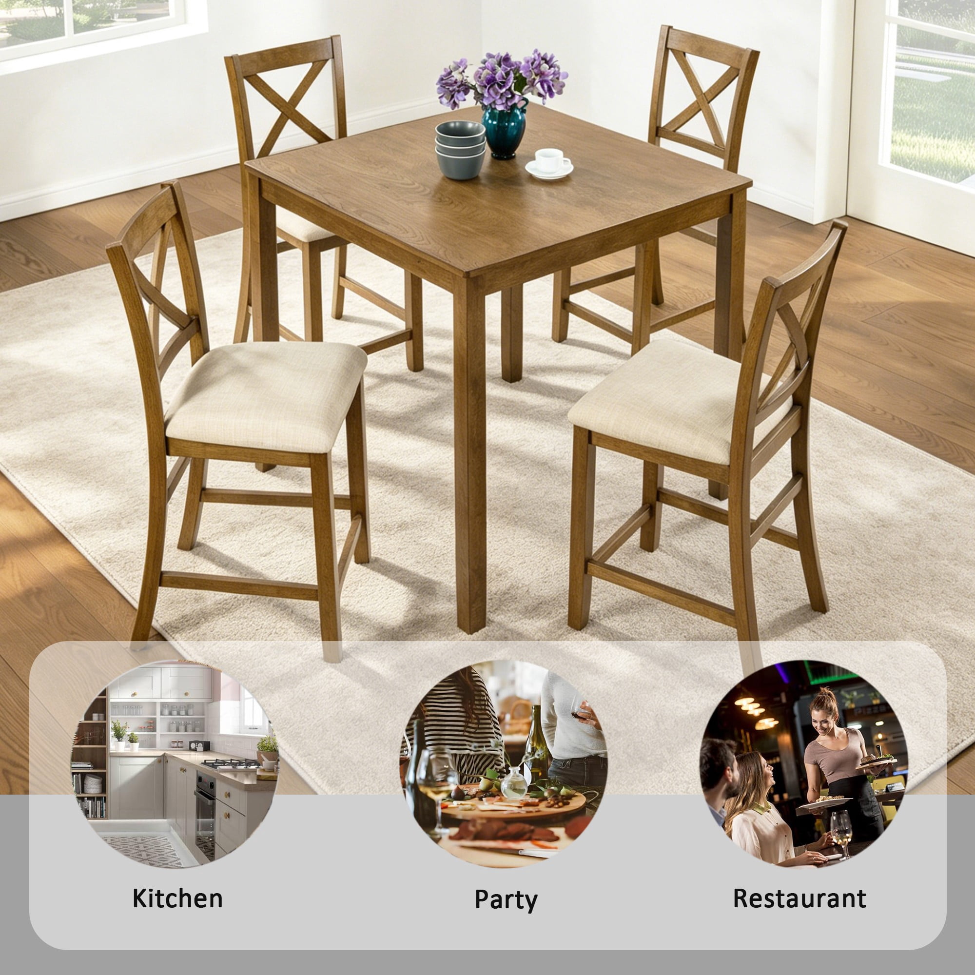 BSHTI 34.5" Acacia Wood 5-Piece Counter Height Dining Table Set with Fabric Upholstered X-Back Chairs for Kitchen Dining Room（Oak）