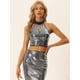 thumbnail image 4 of Top corto de lentejuelas para mujer Top de fiesta brillante con cuello halter recortado Negro plata L, 4 of 6
