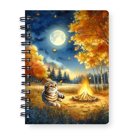 Hello Fall Scottish Fold Enjoys Warm Campfire Autumn Night Bright Moon Spiral Bound Journal Cat Lover Kitten Owner Gifts 5x7in Spiral Notebook - 01008