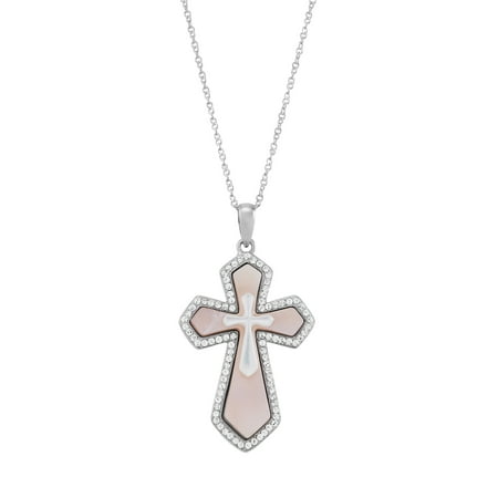Brilliance Fine Jewelry Cross Mother of Pearl,Crystal,Cross Pendant in Sterling Silver,18"
