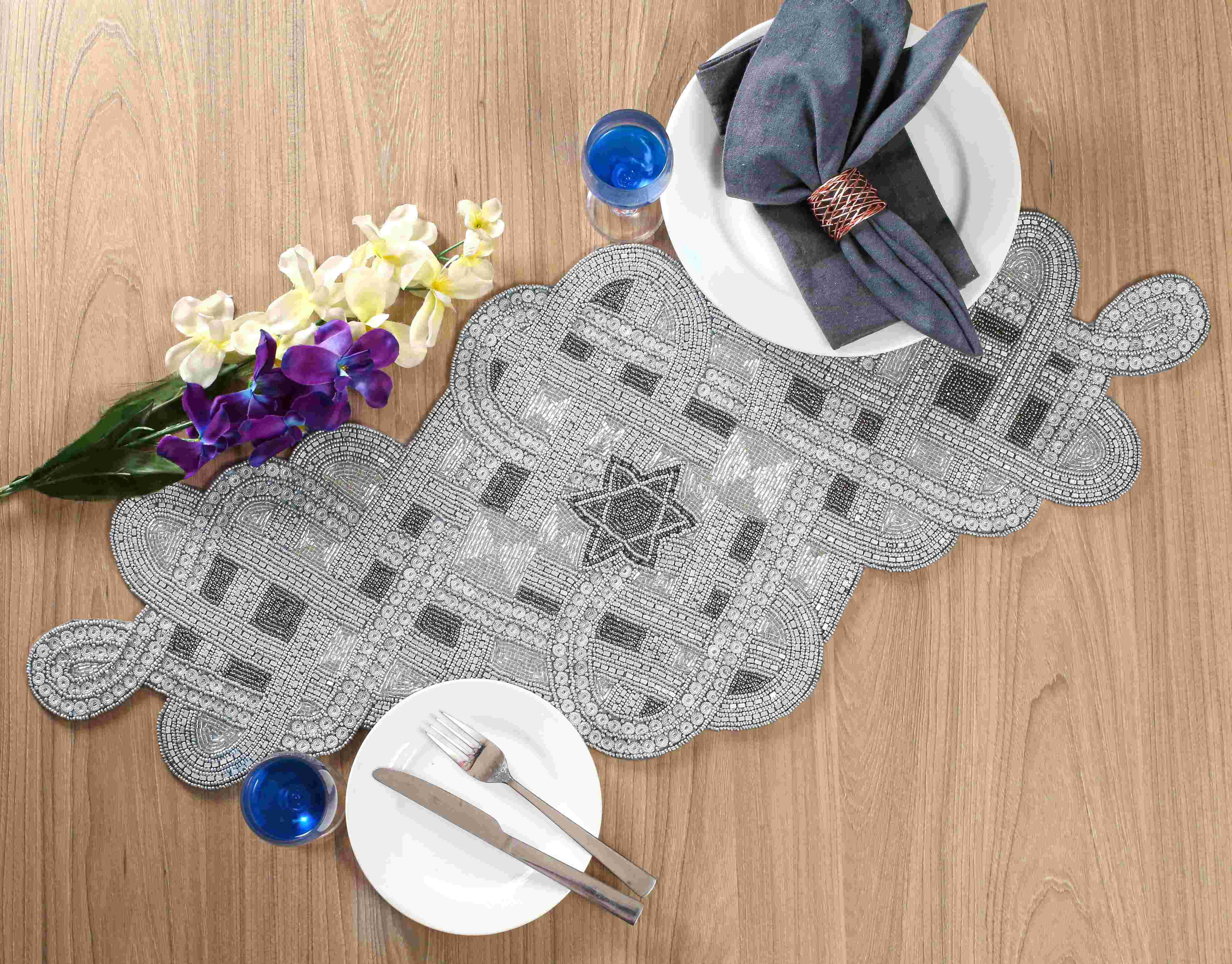Handmade Floral Decorative Glass Beaded Table Runner for Table Decor - Grey & Silver (36x13in)