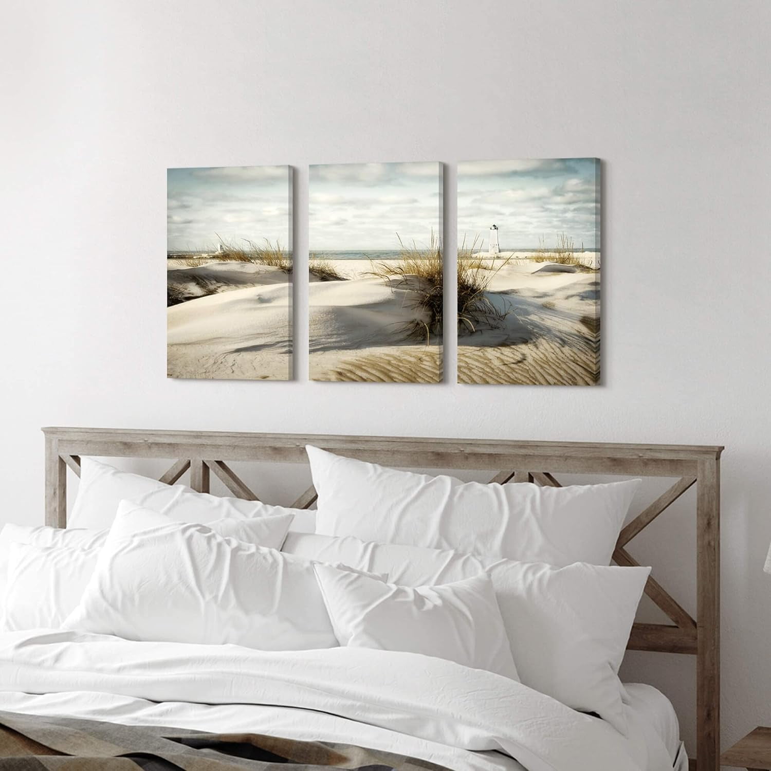 Beach Canvas Wall Art: 3 Panel Coastal Seaside Dune Picture Seascape Seagrass Artwork Lighthouse Painting Print for Bedroom (12x16)