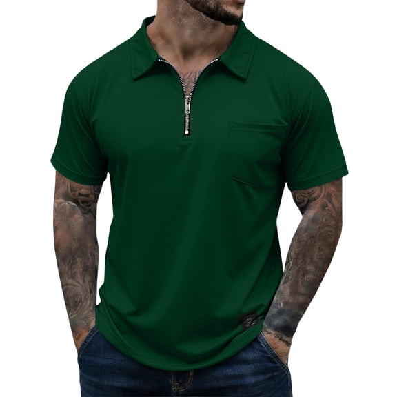 LNZGNM Polo Shirts for Men 1/4 Zip Up Short Sleeve Classic Fit Golf Shirts Fashion Solid Color Lapel T-Shirts Lightweight Breathable Workout Tee Shirt with Pocket,Dark Green 3XL