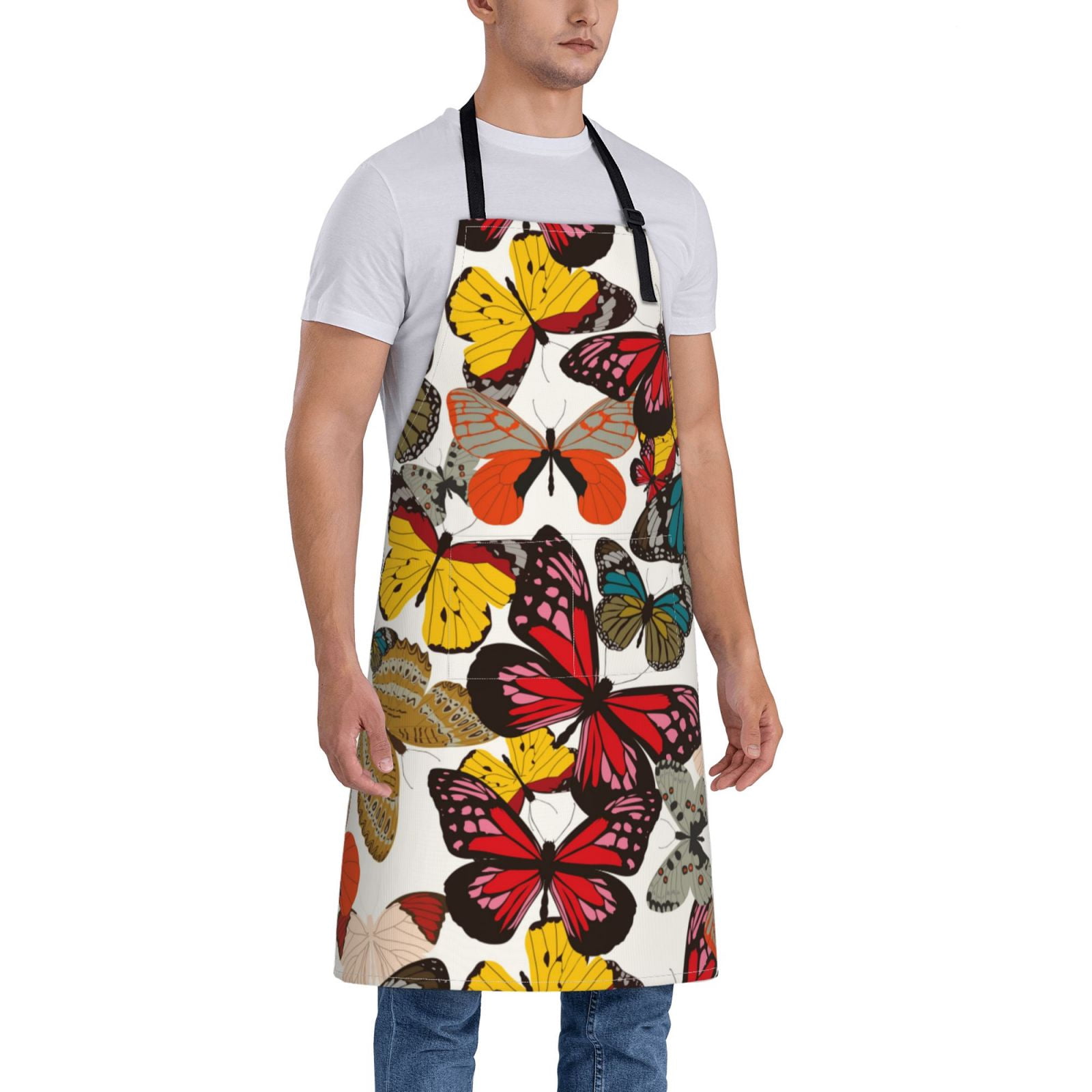 Kdxio Retro Floral Butterfly Apron with Pockets Adjustable Kitchen Aprons for Men Women Waterproof Aprons for Cooking,Drawing,Crafting, Baking Household Cleaning