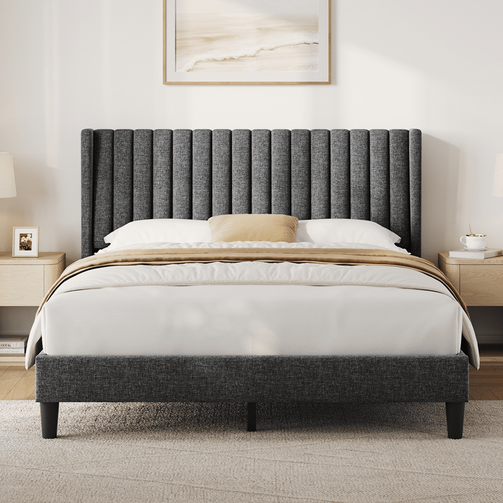 Renwick Queen Upholstered Platform Bed Frame with Channel Tufted Headboard, Dark Gray