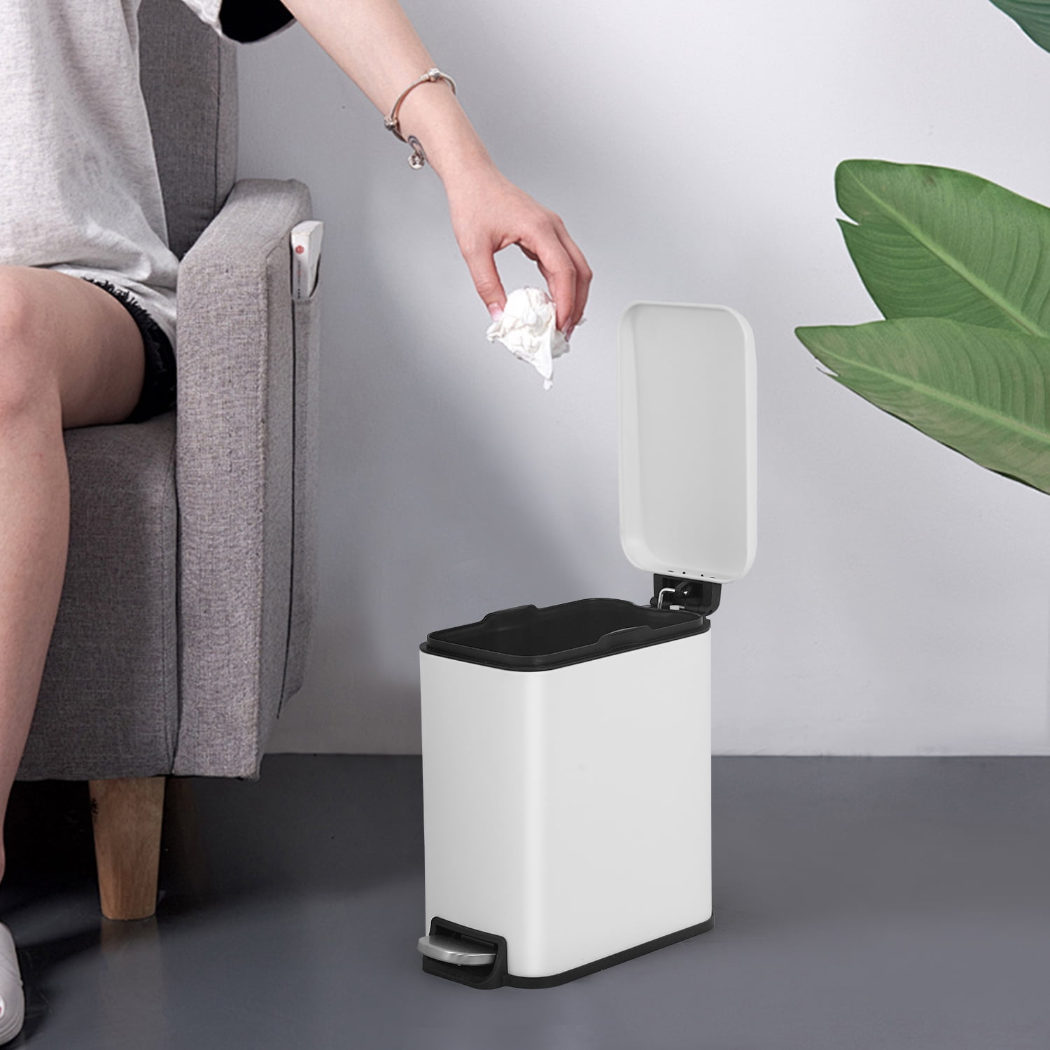 BestOffice 1.3 Gallon Plastic Step Trash Can with Removable Bucket Slim for Indoor, 2 Pack(White)