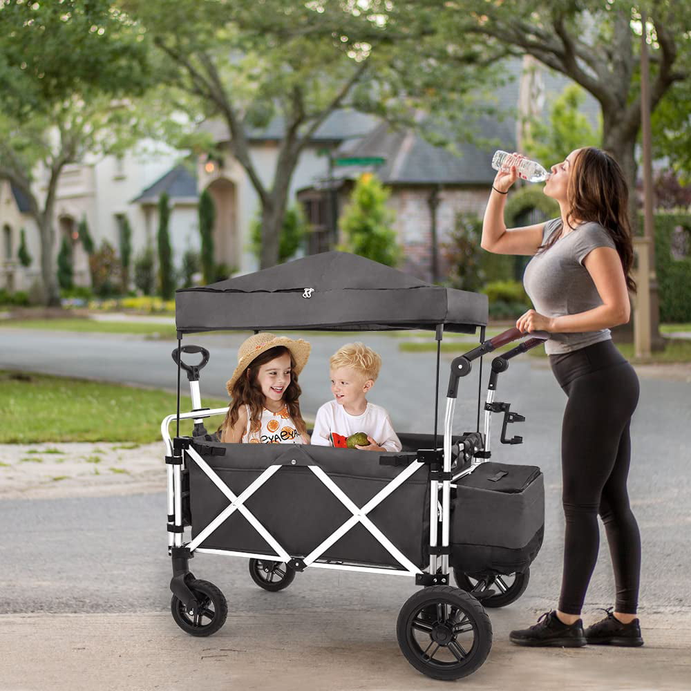 Large, Grey Double Seats with 5-Point Harness Rain Cover Unichart Pull/Push Wagon Stroller 2 Passenger Flodable Baby Stroller with Adjustable Handle Bar Carrying Bags & Basket 