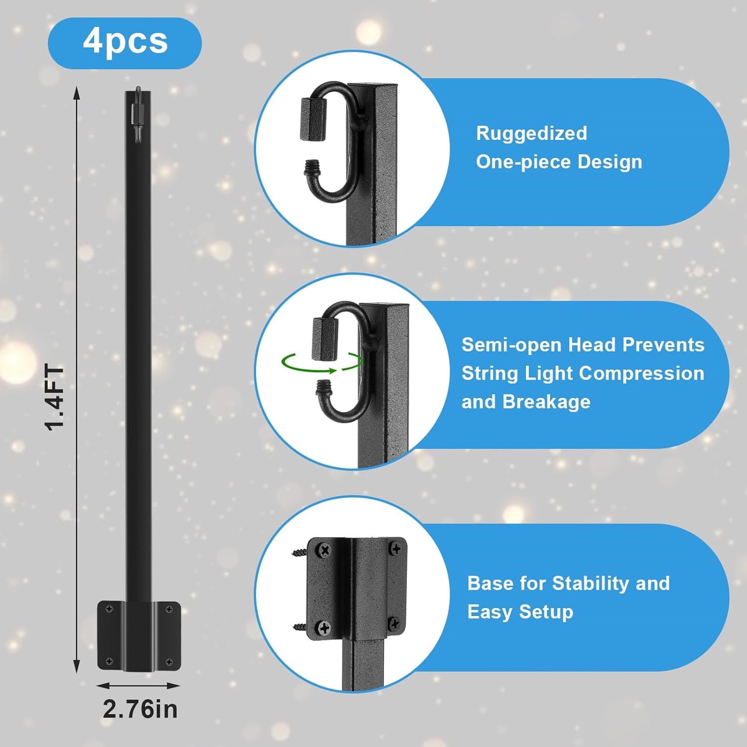Meilimei 4-Pack Heavy Duty Steel String Light Poles, 17-inch Outdoor Hanging Stand with Adjustable Hook, Black Metal Suspension Holder for Patio, Garden, Fence & Wall