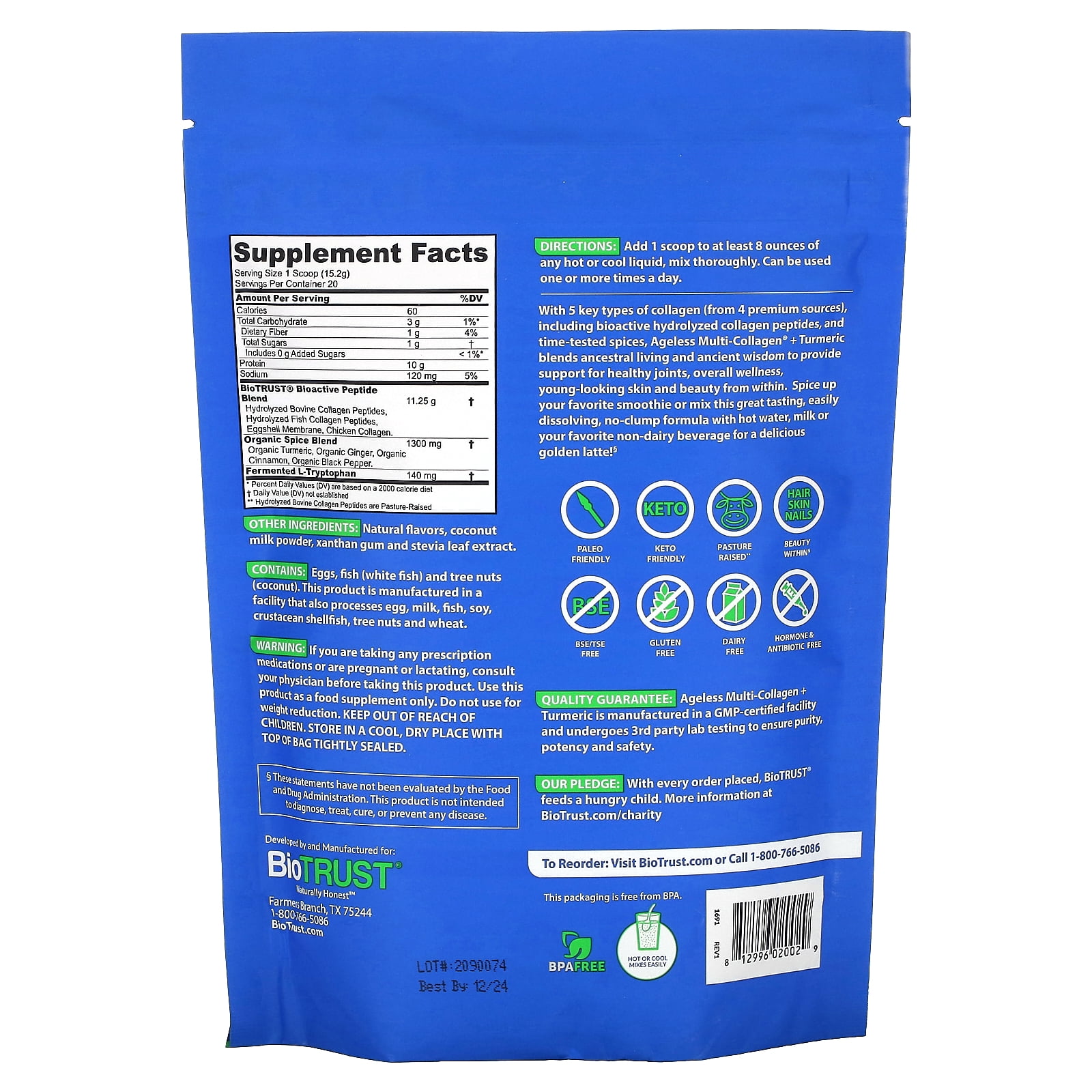 BioTrust Collagen Powder with Turmeric – 5 Types (I, II, III, V, X) – Turmeric Collagen Powder for Women & Men – Hydrolyzed Protein – Grass Fed Beef, Fish, Chicken, Eggshell Membrane (Golden Milk)