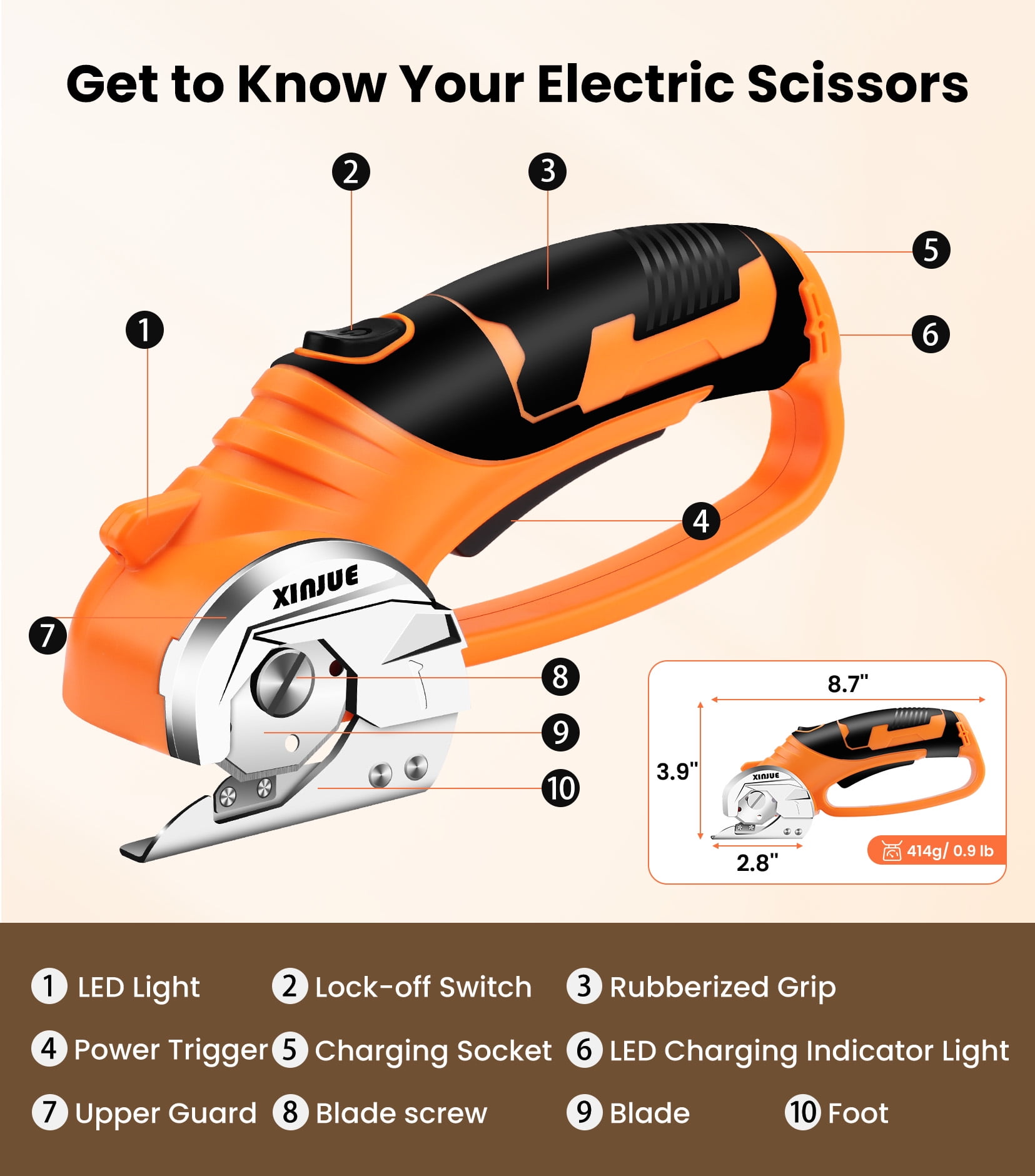 Cordless Electric Scissors, Cardboard Box Cutter Heavy Duty,  4V Rechargeable Power Rotary Cutter with Safety Lock & LED Light for Fabric, Carpet, Paper or Leather, Orange