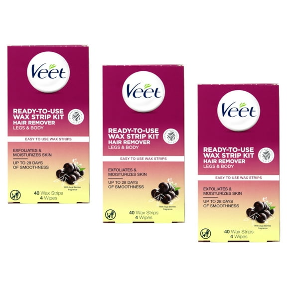 3 Pack Veet Ready to Use Wax Strip Kit Hair Remover Legs & Body 40 Strips Each