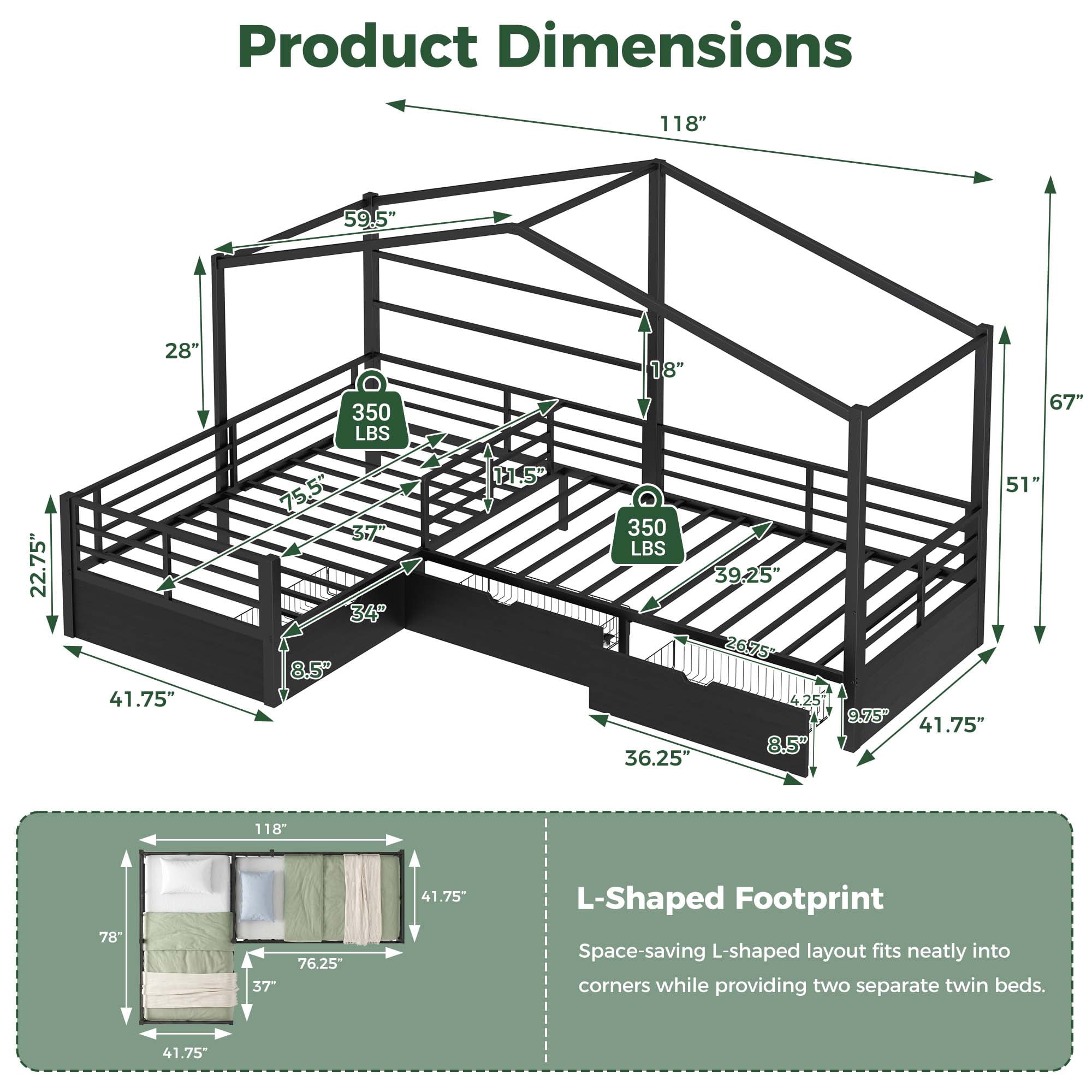 Miniyam Twin Over Twin Bunk Bed with Storage Drawers,Black