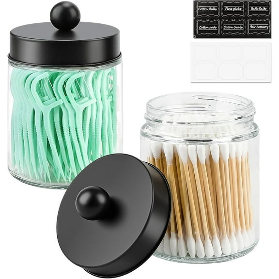2 Pack Glass Apothecary Jars with Lids for Bathroom, Cute Qtip Holder, Black Bathroom Accessories Set, Small Bathroom Canisters with Lids for Q-Tips, Cotton Swabs, Black Bathhouses Decor