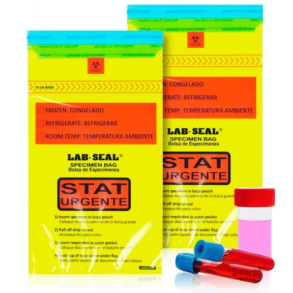 Yellow "STAT" Specimen Bags, 1.8 Mil Tamper-Evident Adhesive, 1000 Count, 6 x 10 in