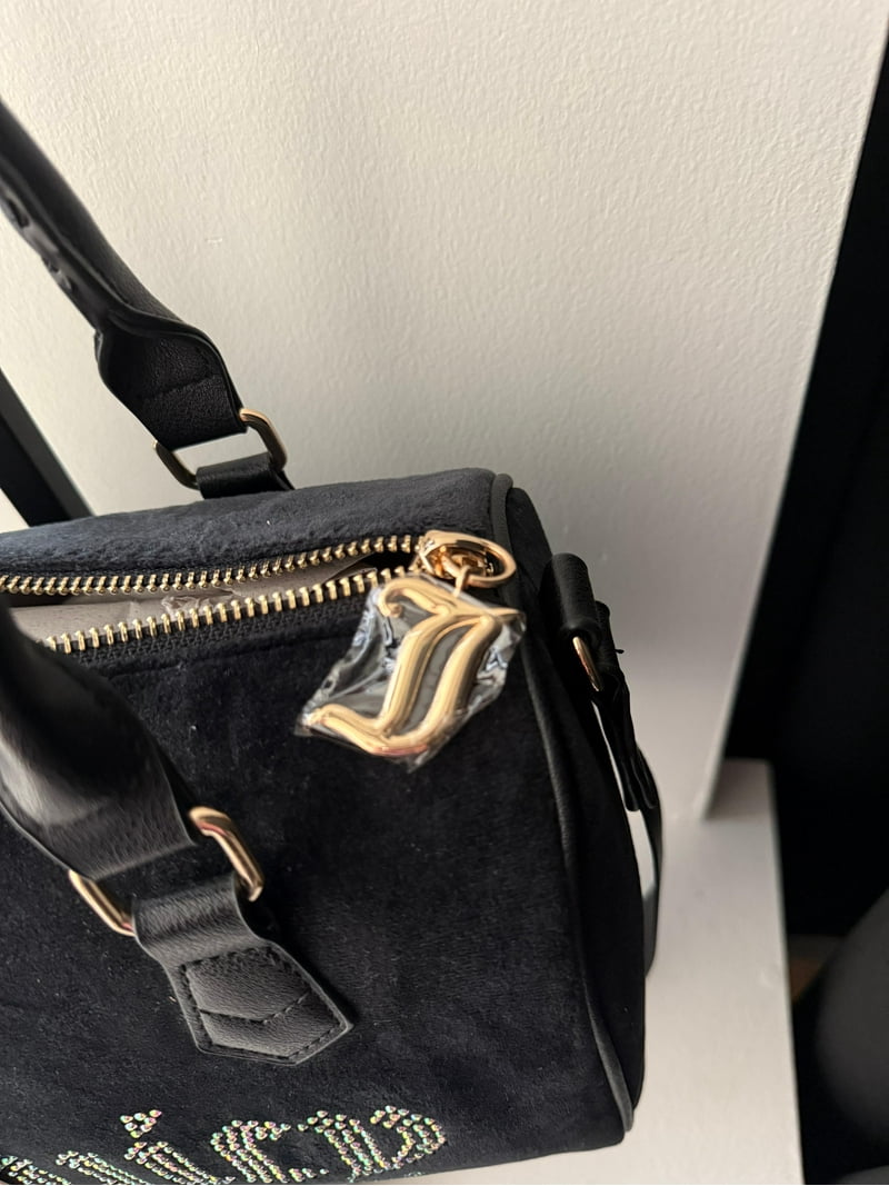 Juicy Couture Black Velour Handbag with Rhinestone Logo and Gold