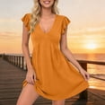 thumbnail image 4 of ClodeEU Women's Summer Babydoll Mini Dress ,Ruffle Sleeveless Deep V Neck Pleated Swing Flowy Tunic Dress Orange,Womens Plus L, 4 of 5