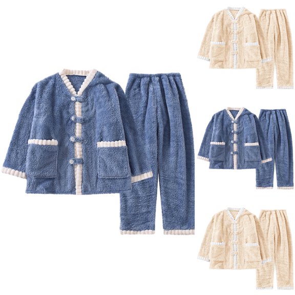 Bovxnpu Pajamas for Women Set Loungewear Set, Womens Fall Winter 2 Piece Fleece Pajamas Set Long Sleeve Button Down Sleepwear Nightwear Soft Pajamas Lounge Sets