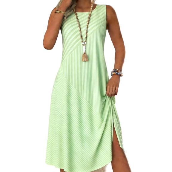 ZHYou Sleeveless Sundresses for Women Casual Striped Printed Crewneck Stretch Summer Vacation Beach Dresses Green L