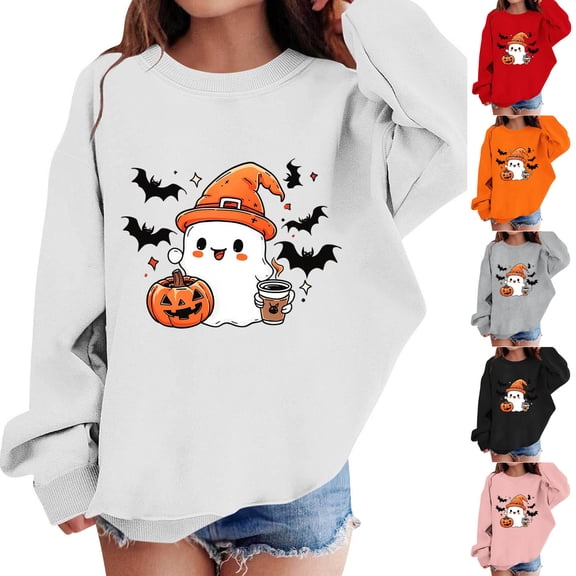 HAOTAGS Girls Halloween Sweatshirts Size 10, Crewneck Printed Long Sleeve Pullover Sweatshirts White