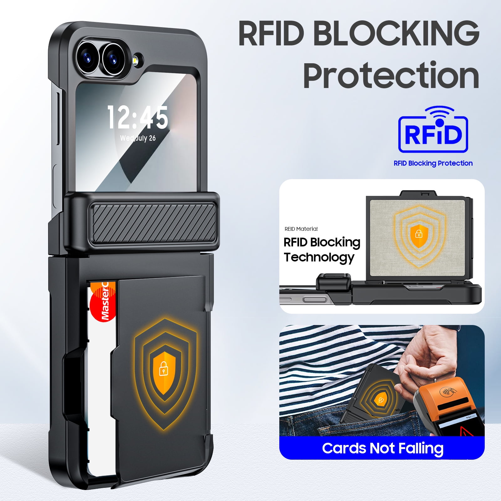 Oupeigar for Samsung Galaxy Z Flip 6/7FE Phone Case with Card Holder[RFID Blocking],Hinge Protection,Screen Protector,Shockproof Case-Black