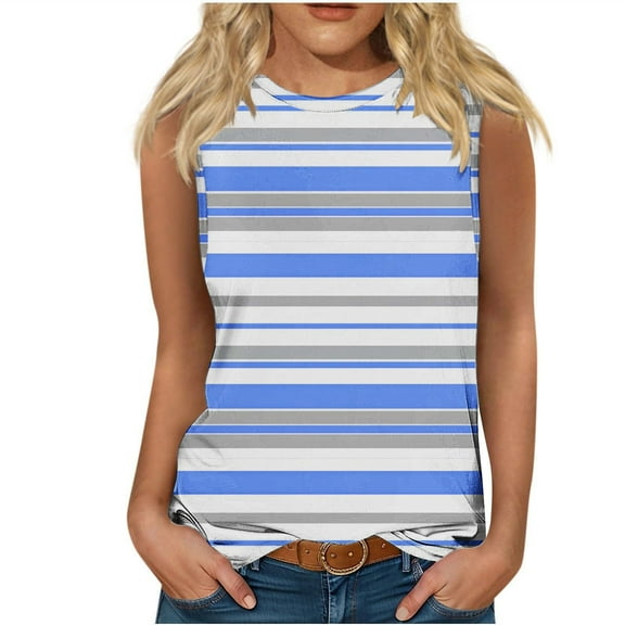 ZQUUVOU Tank Top For Women Summer Casual Stripe Loose Crew Neck Tops (Blue,XL)