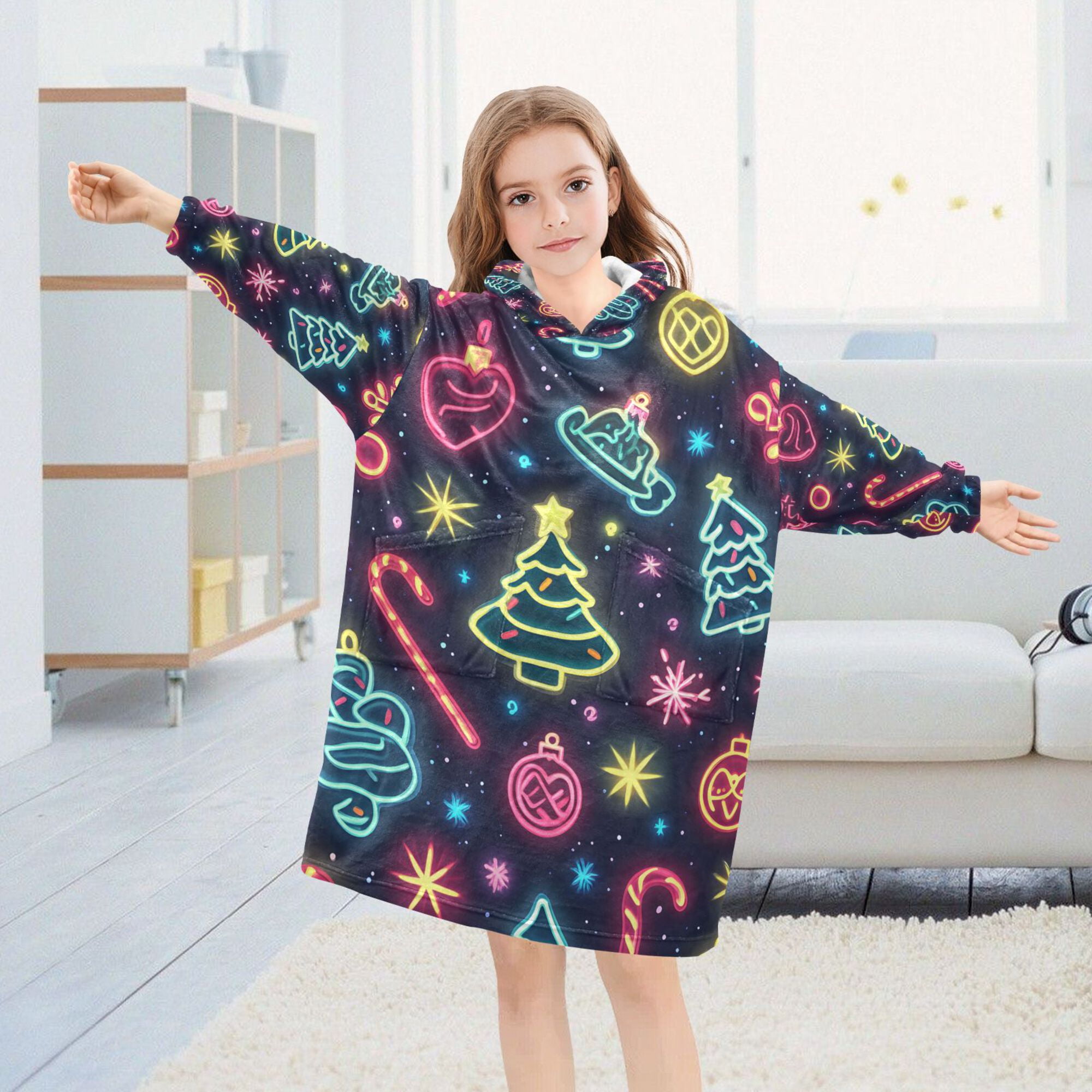 FORMRS Wearable Blanket Hoodie with Sleeves for Kids Cozy Flannel Sweatshirt, Neon Christmas